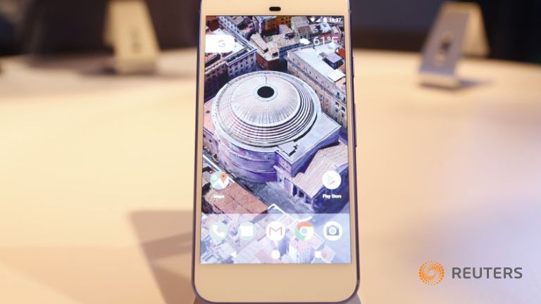 the-google-pixel-phone-is-displayed-during-the-presentation-of