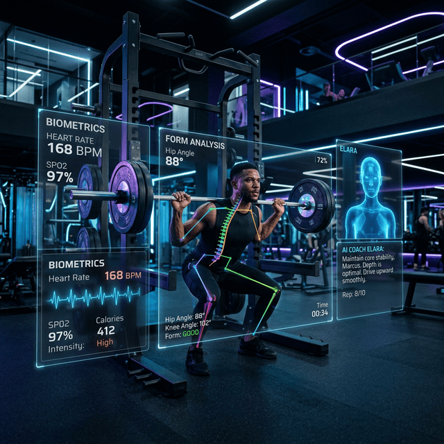 Adaptive AI Coaches analyzing form in a futuristic gym
