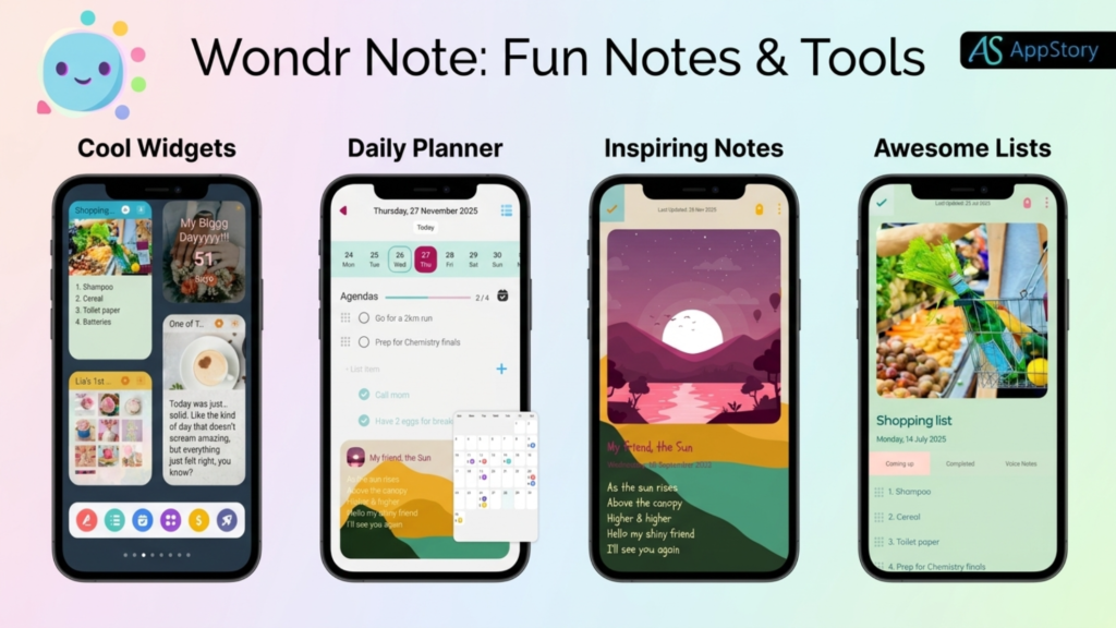 Wondr Note interface showing screens for widgets, daily planner, inspiring notes, and awesome lists